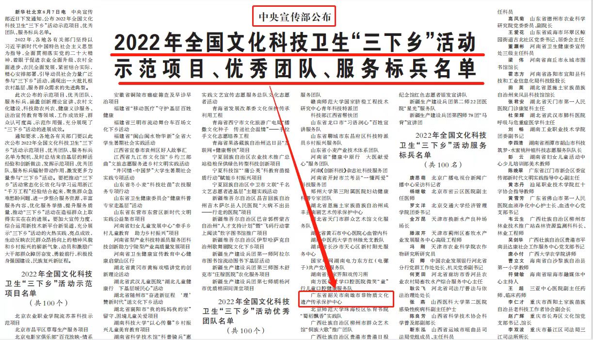 廣東南雄非遺中心榮獲全國文科衛(wèi)「三下鄉(xiāng)」活動優(yōu)秀團(tuán)隊稱號