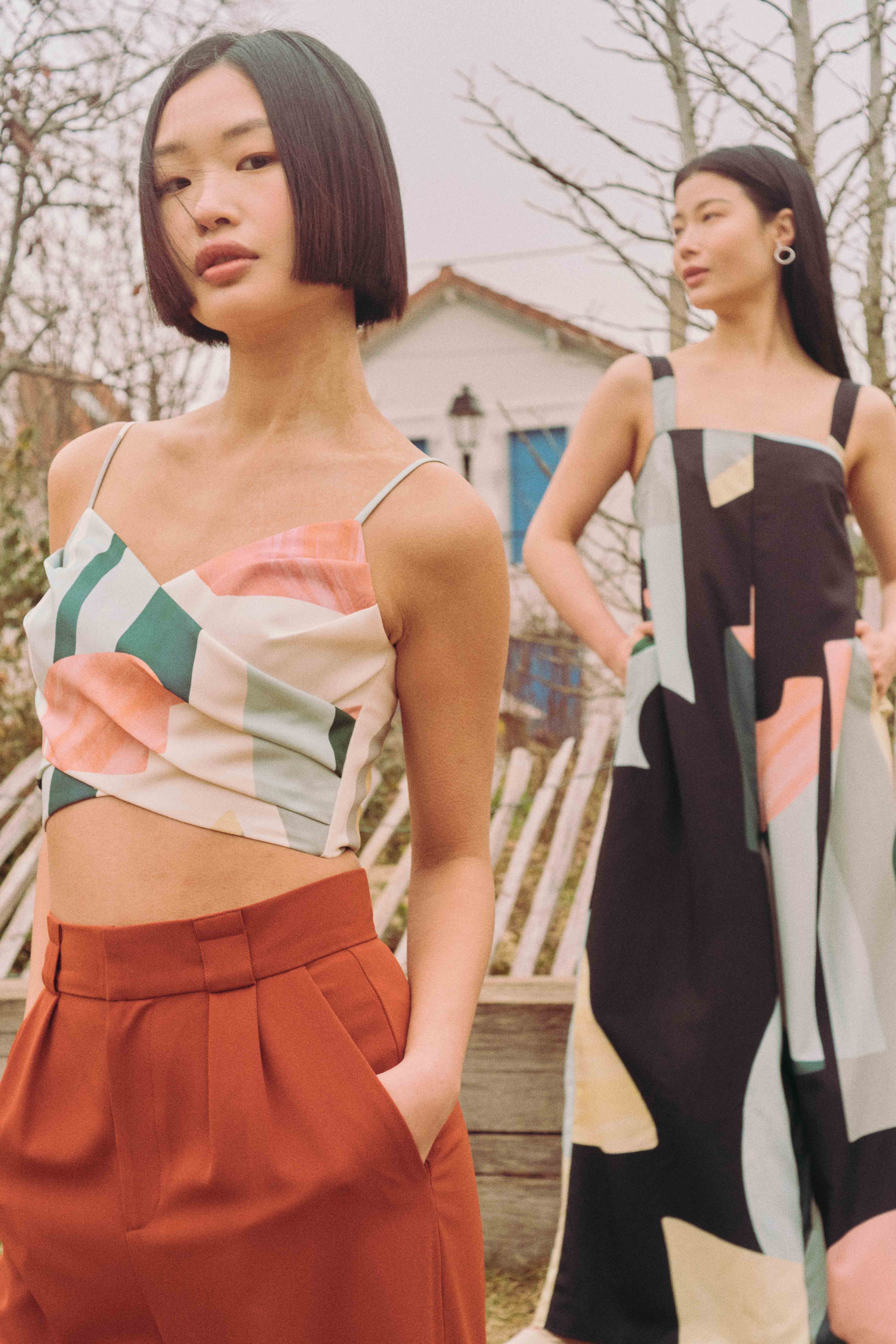 Pauline Padded Smocked Back Top in Terra Blocks (Cream), Monalise Pleat Straight Leg Pants (Burnt Orange), Vivian Elastic Wide Leg Jumpsuit in Terra Blocks (Black) - 複製.jpg