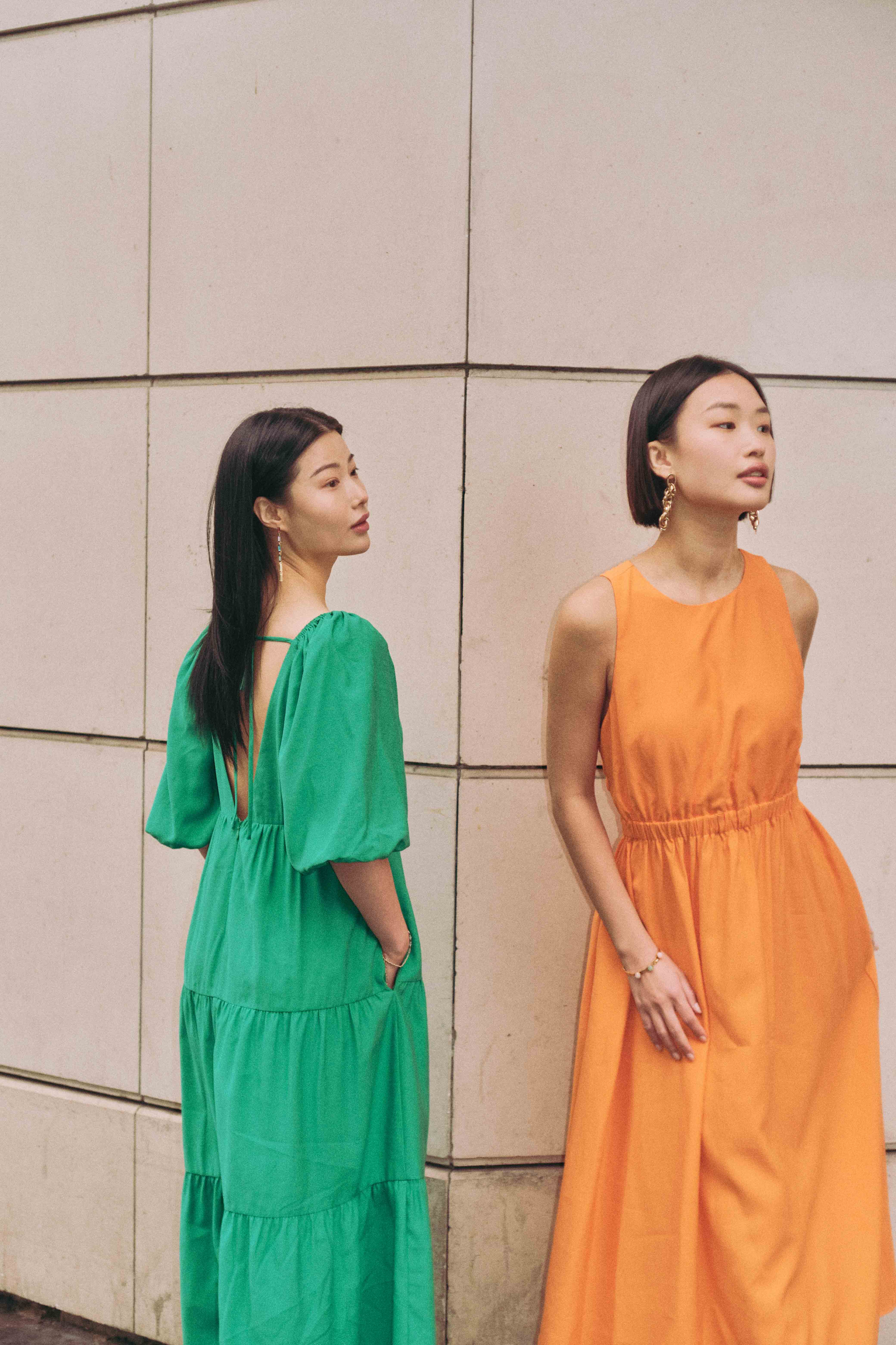 Katrine Padded Tiered Maxi Dress (Kelly Green), Nena Padded Elastic Knot Back Dress (Butternut).jpg